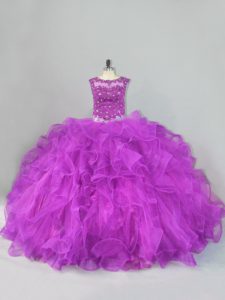 Vestidos de fiesta de púrpura personalizados sin mangas y volantes hasta el suelo con encaje hasta 15 vestido de quinceañera