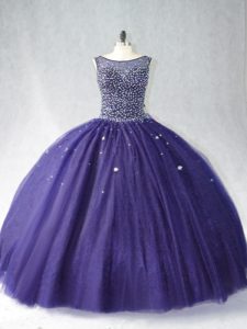 Elegante primicia sin mangas con cremallera quinceañera vestidos de tul púrpura