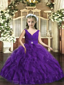 Deslumbrante piso de longitud vestidos de bola sin mangas púrpura vestido de desfile infantil sin espalda