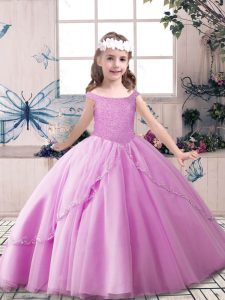 Elegante lila en el hombro con cordones y abalorios vestido de desfile infantil sin mangas