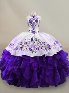 Organza blanca y púrpura con cordones vestidos de quinceañera mangas largas hasta el suelo bordados y volantes