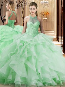Glamorosa manzana verde 15 vestido de quinceañera organza cepillo tren sin mangas abalorios y volantes