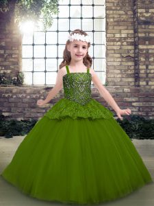 vestido de tul verde oliva con cordones hasta el suelo sin mangas longitud del vestido del desfile de la muchacha que rebordea