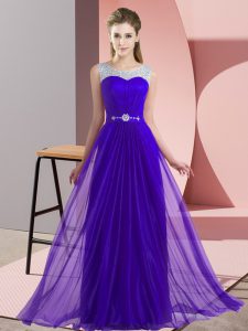 Ideal púrpura escote redondo abalorios vestidos de damas sin mangas con cordones