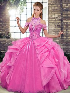 Vestido de organza de lujo sin mangas con cordones y abalorios con volantes 15 vestido de quinceañera rosa rosa