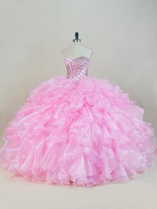 Suntuoso vestido de organza sin mangas con cordones, abalorios y volantes 15 cumpleaños vestido rosa bebé