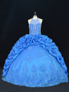 Vestido de quinceañera azul hasta el piso modesto, sin mangas, abalorios y apliques, bordados y pick ups