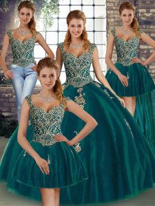 Vestidos de fiesta de lujo vestidos de fiesta de membrillo pavo real verde correas de tul longitud del piso sin mangas con cordones