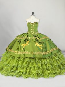 Dulce vestido de bola verde oliva cariño satén sin mangas y organza cepillo tren encaje bordado y capas con volantes vestido dulce 16