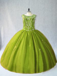 Venta caliente de la cucharada verde oliva encaje hasta rebordear vestidos de quinceañera sin mangas