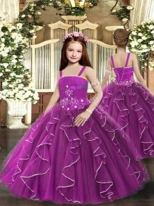 Lujoso vestido de tul sin mangas hasta el suelo con cordones vestido de desfile de niñas en púrpura con volantes
