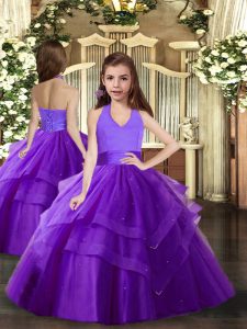 Vestidos de fiesta de color púrpura halter top sin mangas de tul hasta el suelo con cordones capas onduladas vestidos de desfile para niñas