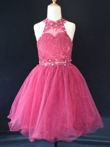 Hot pink lace up halter top abalorios y encaje kids vestido de organza sin mangas
