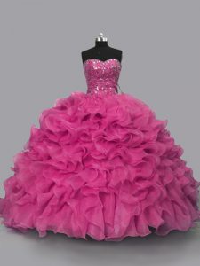 Vestidos de fiesta lujosos vestidos de quinceañera, rosa intenso, organza sin mangas hasta el suelo sin mangas hasta