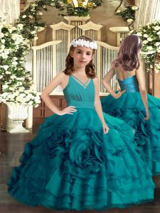 Moda hasta el suelo de color verde azulado niños vestido de organza sin volantes capas y flores hechas a mano