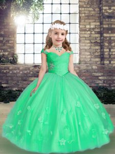 Encaje de tul verde niña vestido de desfile sin mangas hasta el suelo con cuentas y flores hechas a mano