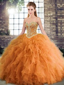 Populares vestidos de bola naranja cariño sin mangas hasta el suelo con cordones y abalorios vestido de quinceañera