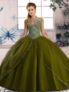 Elegantes vestidos de bola gorro de manga verde oliva vestido de quinceañera cepillo tren atar
