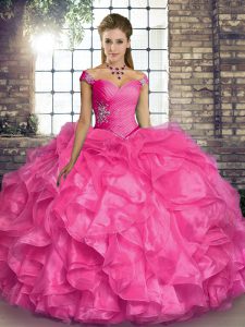 palabra de longitud vestidos de bola sin mangas de color rosa caliente vestidos de quinceañera con cordones
