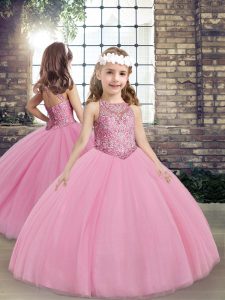 Vestidos de fiesta lilas abalorios vestidos de concurso para las niñas de encaje hasta el suelo sin mangas de tafetán