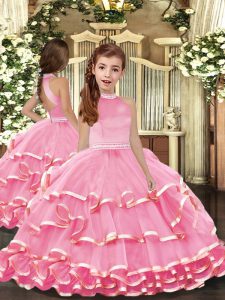 Bonitos vestidos de concurso de organza rosa sin espalda para niñas sin mangas hasta el suelo con cuentas y capas con volantes