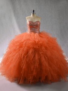 Naranja rojo con cordones cariño abalorios y volantes vestidos de quinceañera tul sin mangas