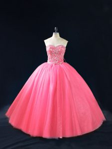 Exquisito sin mangas hasta el suelo con abalorios laterales, vestido de quinceañera con rosa intenso