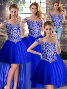 Diseñador de azul real vestidos de bola abalorios vestido de fiesta vestido de encaje hasta el tul sin mangas