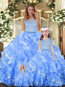 Vestido de quinceañera dulce vestido de bola azul claro organza scoop encaje sin mangas y volantes capas longitud del piso dulce 16