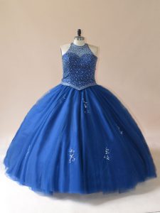 Rebordear 15 vestido de quinceañera azul con cordones hasta el suelo sin mangas