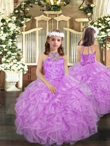 Vestidos de fiesta infantil desfile vestido lila halter top organza longitud del piso sin mangas con cordones