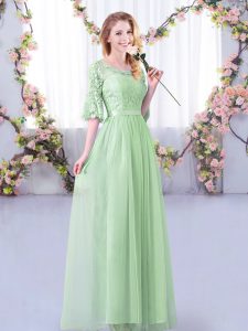 Impresionante manzana verde medias mangas de tul con cremallera lateral vestido de dama para el banquete de boda