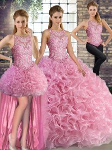 La mejor longitud del piso vendió rosa vestido de quinceañera 15 con flores onduladas sin mangas abalorios