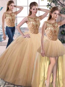 Escote redondo de oro con cuentas vestido de fiesta vestido de fiesta sin mangas con cordones