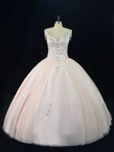 Rebordear vintage dulce 16 vestido rosa encaje hasta el largo sin mangas piso