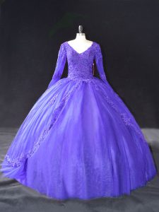 Mangas largas de color púrpura, encaje y apliques con cordones, vestidos de quinceañera