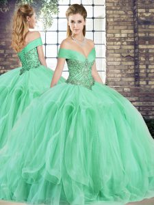 Nueva llegada vestidos de bola verde manzana fuera del hombro hasta el suelo sin mangas de cordones y abalorios vestido de quinceañera