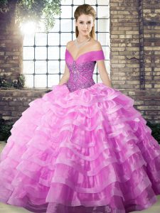 Quinceañera lila de lujo vestidos organza cepillo tren sin mangas abalorios y capas con volantes