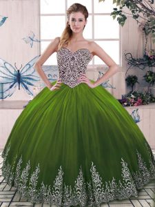 Atractivo hasta el suelo verde oliva dulce 16 vestido tul sin mangas abalorios y bordados