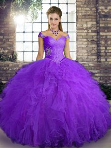 Diseño personalizado de color púrpura con encaje hasta 15 cumpleaños vestido sin mangas hasta el suelo abalorios y volantes