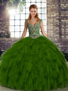 Romántico organza verde oliva sin mangas con cordones 15 vestido de quinceañera para baile militar y dulce 16 y quinceañera