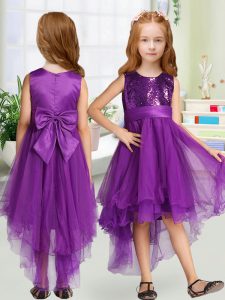 Scoop sin mangas para niños desfile vestido de lentejuelas altas y bowknot de organza púrpura