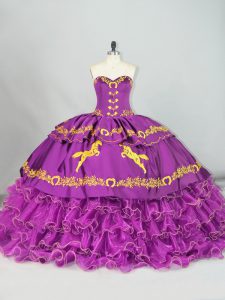 Fantásticos vestidos de fiesta de color púrpura, sin mangas, satén y organza con brocha, tren, encaje, bordado y volantes, vestido dulce 16