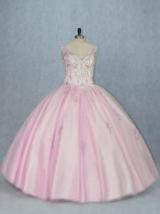 Rebordear suntuosos y apliques dulce 16 vestido de quinceañera rosa sin mangas hasta el suelo sin mangas