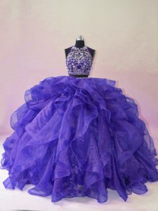 Púrpura dos piezas de halter sin mangas de organza con abalorios y volantes sin espalda dulce 16 vestido cepillo tren