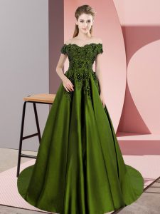 Elegantes vestidos de bola dulce 16 vestido de quinceañera verde oliva fuera del hombro satinado sin mangas hasta el suelo con cremallera