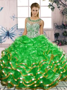 Vestidos de gala finos vestido de quinceañera cucharada verde organza sin mangas hasta el suelo con cordones