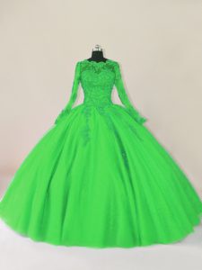Ajuste personalizado vestidos de bola verdes festoneados mangas largas tul longitud del piso cremallera encaje vestidos de quinceañera