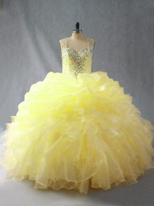 Sexy vestidos de bola dulce 16 vestido de quinceañera correas amarillas organza sin mangas hasta el suelo con cremallera