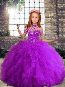 Nuevo estilo de longitud de piso púrpura vestidos de desfile para niñas sin mangas y volantes
